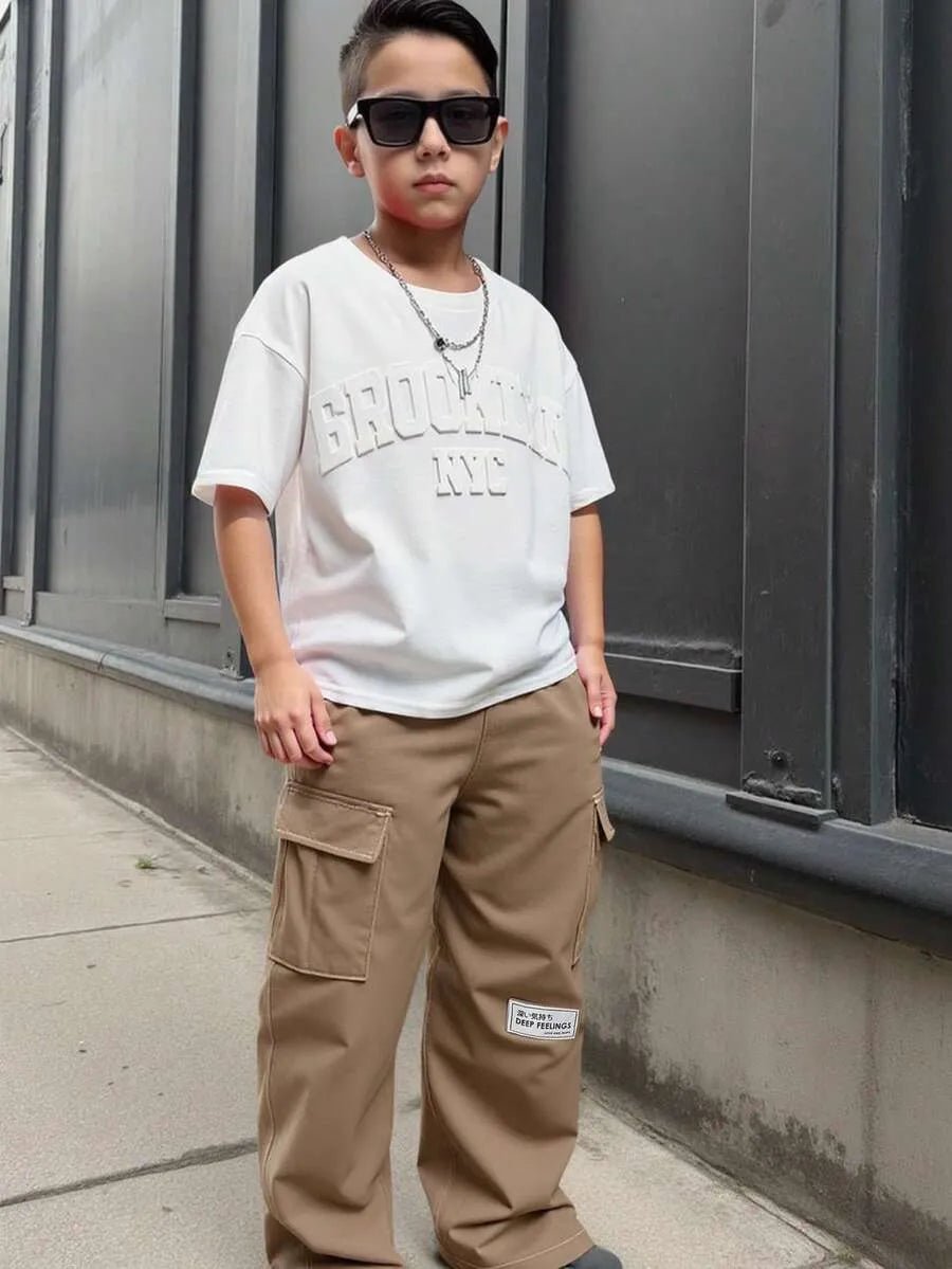 2pcs/Set Tween Boy 3D Letter Embossed Pattern Crew Neck Short Sleeve T-Shirt With Contrast Color Stitching Cargo Pocket Pants, Casual Sports Outfit - Raab.pk