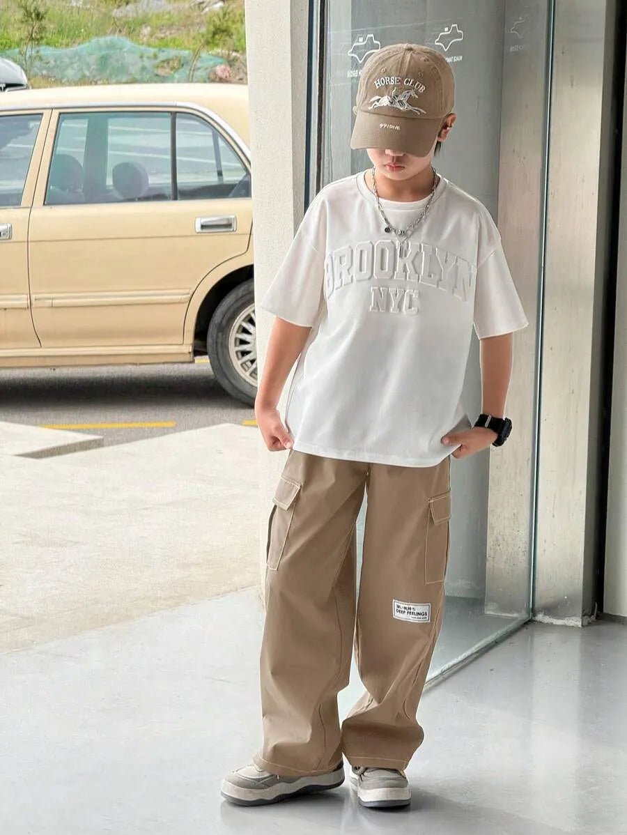 2pcs/Set Tween Boy 3D Letter Embossed Pattern Crew Neck Short Sleeve T-Shirt With Contrast Color Stitching Cargo Pocket Pants, Casual Sports Outfit - Raab.pk