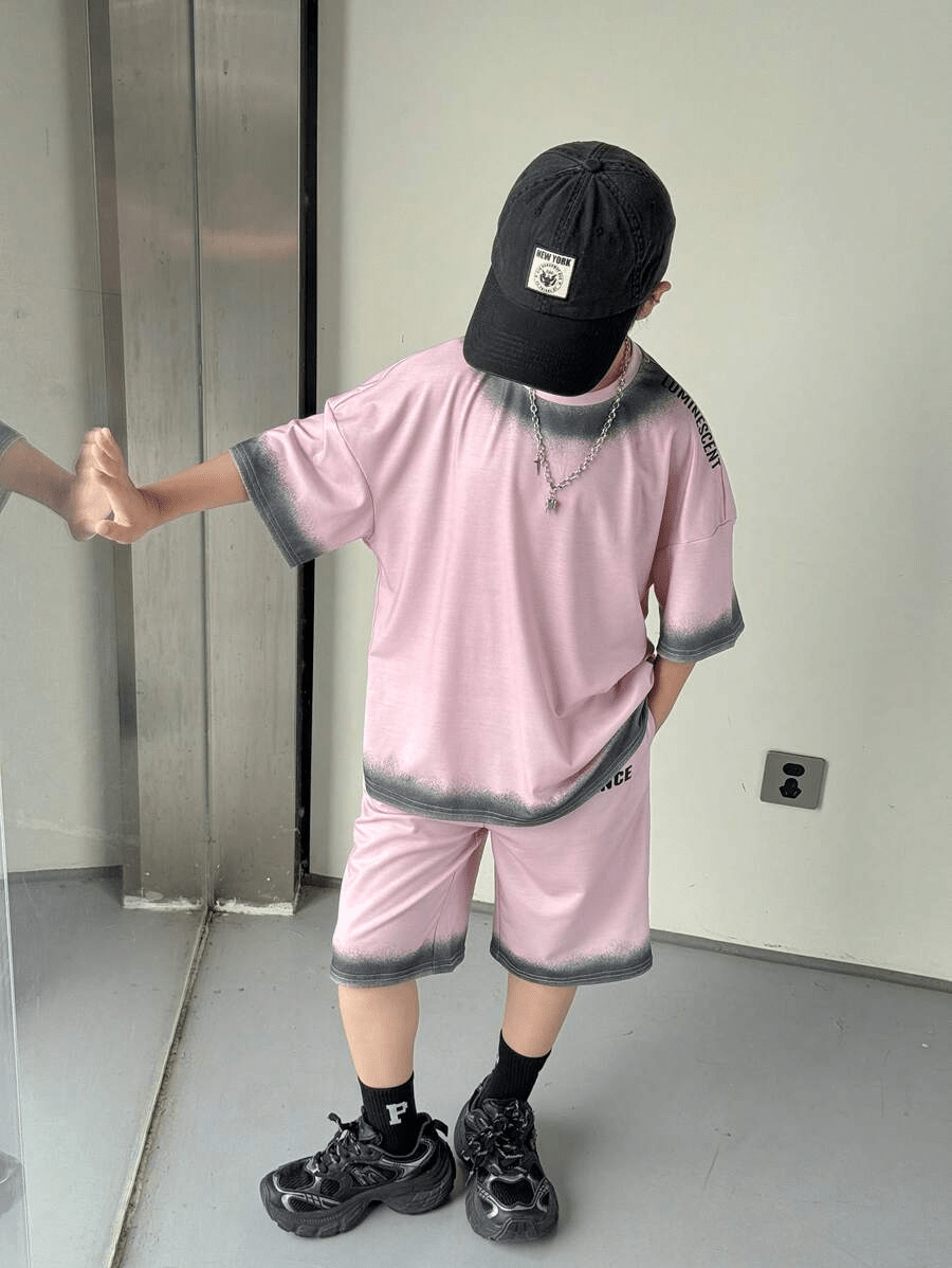 2pcs/Set Tween Boys' Korean Style Casual Versatile Printed Pattern Loose Fit Short Sleeve T-Shirt & Shorts Set - Raab.pk