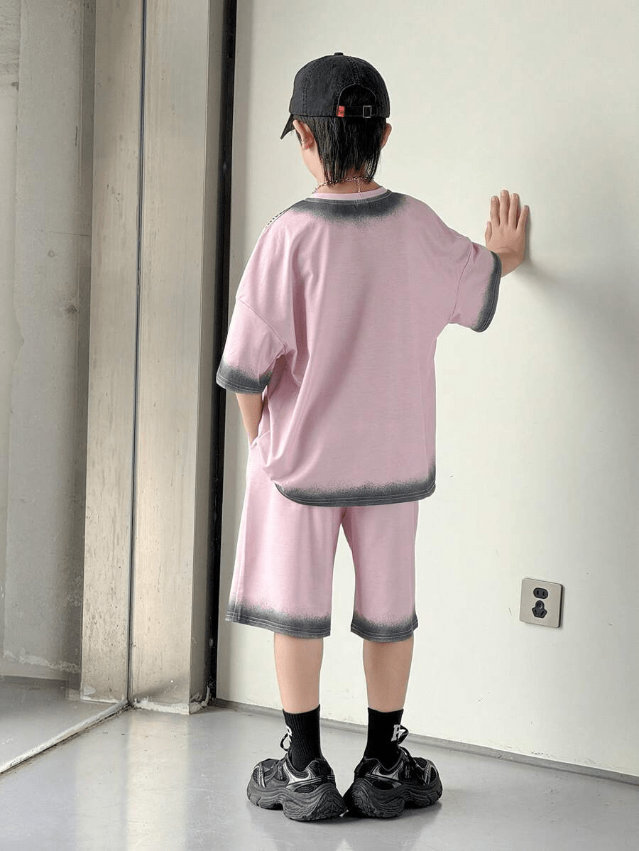 2pcs/Set Tween Boys' Korean Style Casual Versatile Printed Pattern Loose Fit Short Sleeve T-Shirt & Shorts Set - Raab.pk