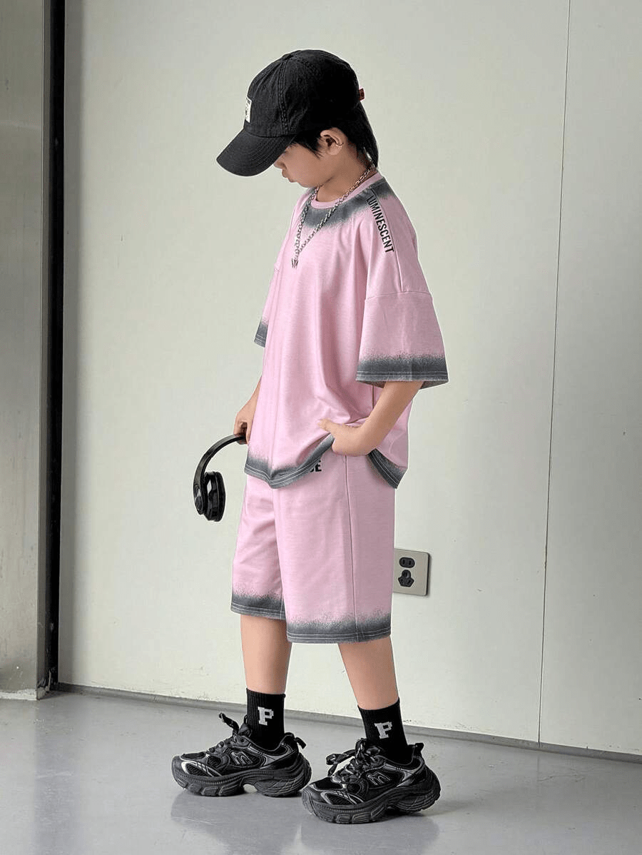 2pcs/Set Tween Boys' Korean Style Casual Versatile Printed Pattern Loose Fit Short Sleeve T-Shirt & Shorts Set - Raab.pk