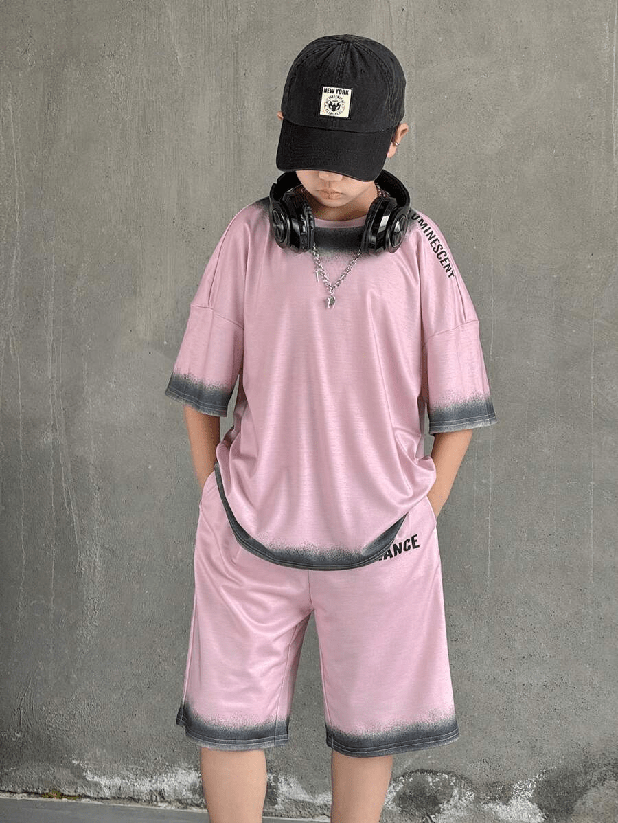 2pcs/Set Tween Boys' Korean Style Casual Versatile Printed Pattern Loose Fit Short Sleeve T-Shirt & Shorts Set - Raab.pk