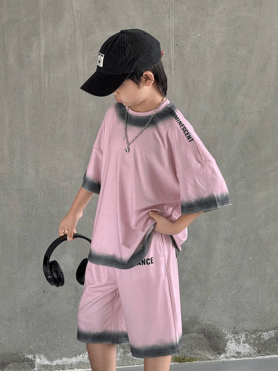 2pcs/Set Tween Boys' Korean Style Casual Versatile Printed Pattern Loose Fit Short Sleeve T-Shirt & Shorts Set - Raab.pk