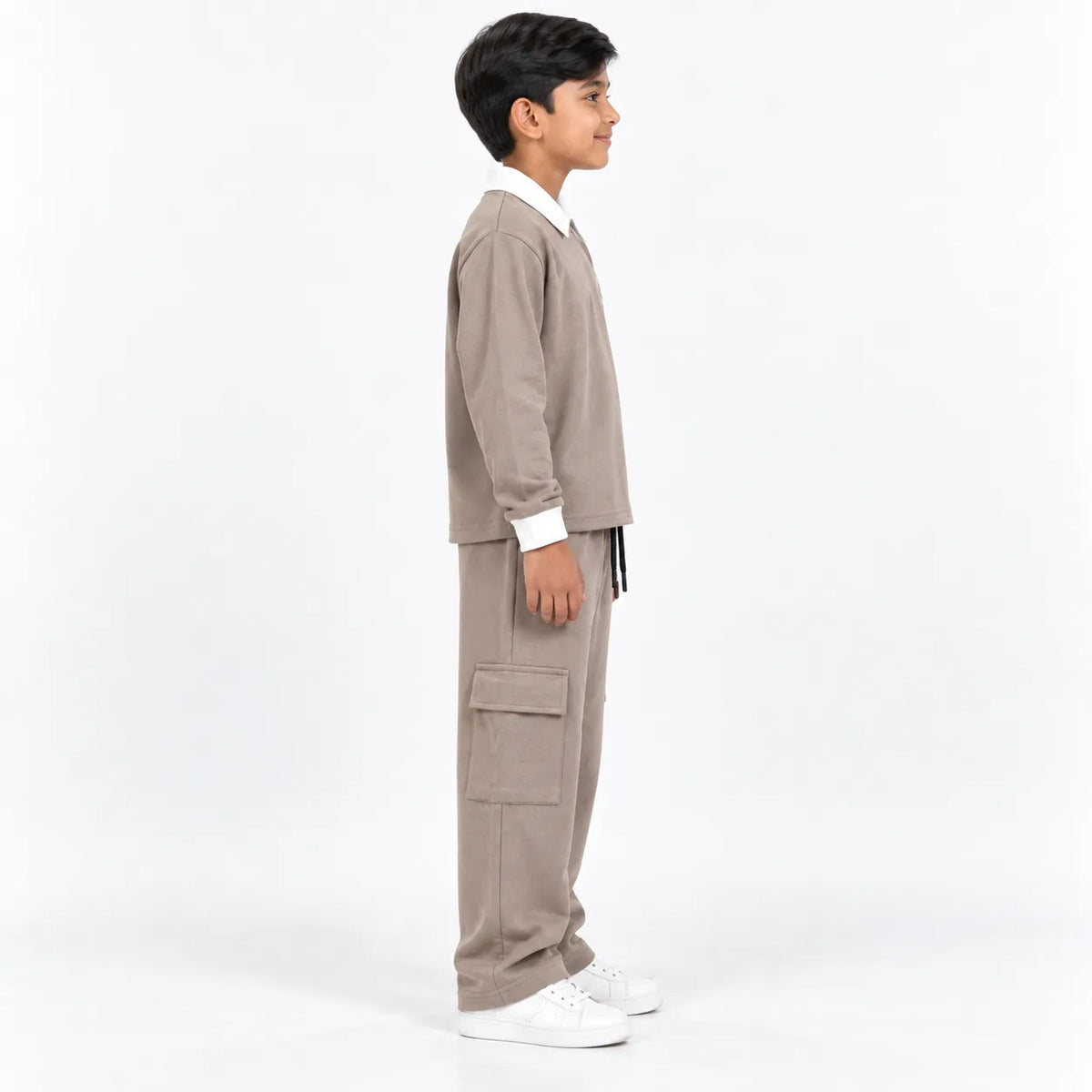 Urban Ease Kids Drop Shoulder T-Shirt & Baggy Cargo Trouser Co-Ord Set – Mushroom Taupe