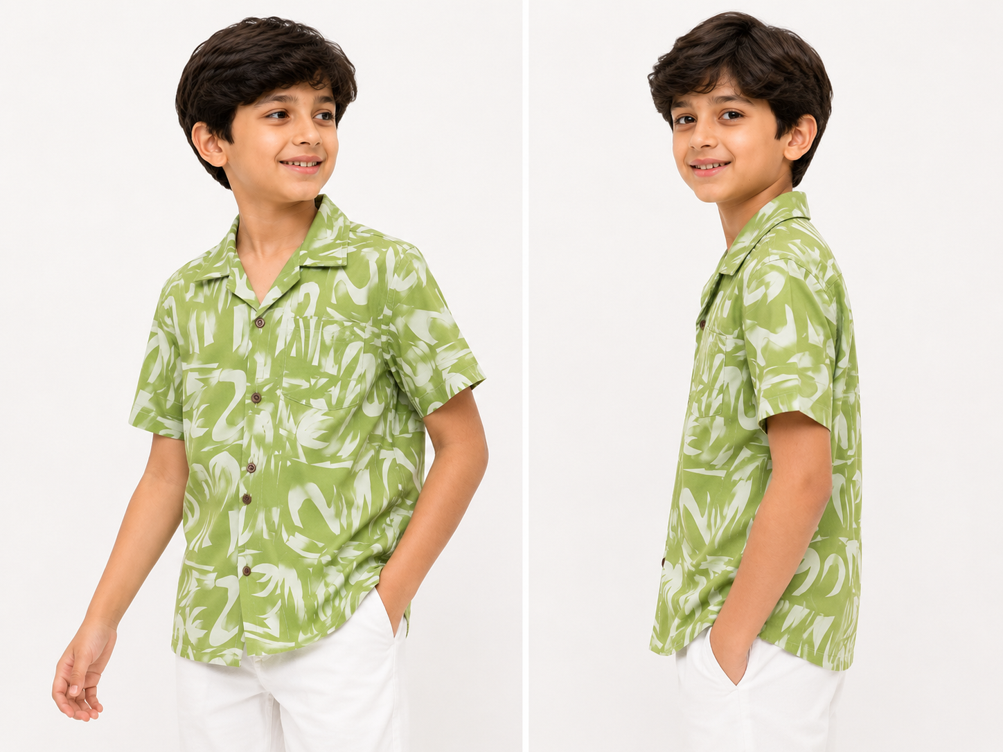 RAAB Kids Sage Green Tropical Printed Shirt – Premium China Poly Cotton Summer Casual Shirt (1-14 Years)