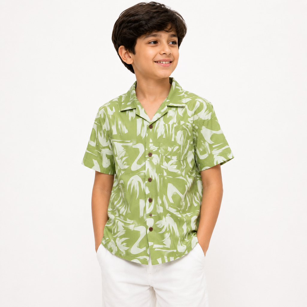 RAAB Kids Sage Green Tropical Printed Shirt – Premium China Poly Cotton Summer Casual Shirt (1-14 Years)
