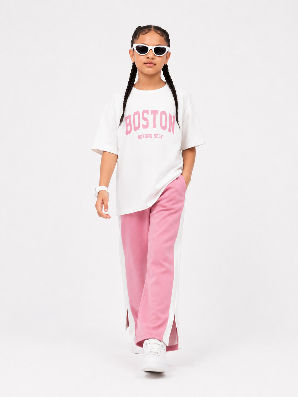 RAAB Girls Pink Drop Shoulder Co-Ord Set – Oversized T-Shirt & Wide Leg Trouser Summer Outfit (3-14 Years)