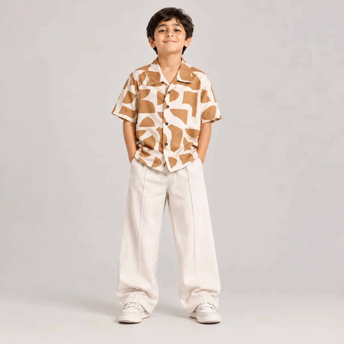 RAAB Boys Tan Geometric Shirt & Off-White Baggy Trouser Set
