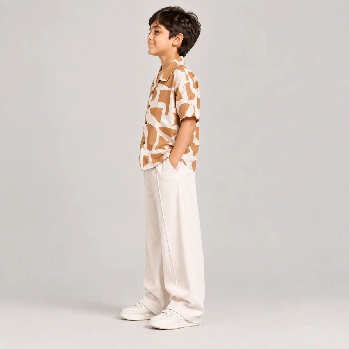 RAAB Boys Tan Geometric Shirt & Off-White Baggy Trouser Set