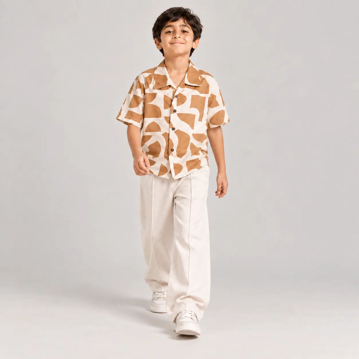 RAAB Boys Tan Geometric Shirt & Off-White Baggy Trouser Set