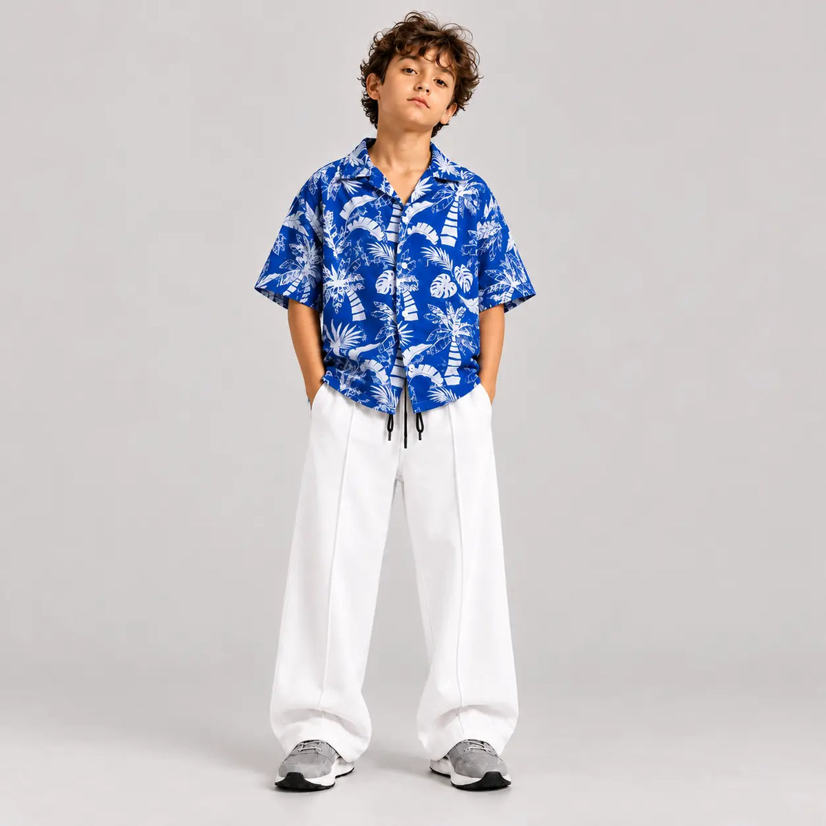 RAAB Boys Blue Tropical Shirt & White Baggy Trouser Set
