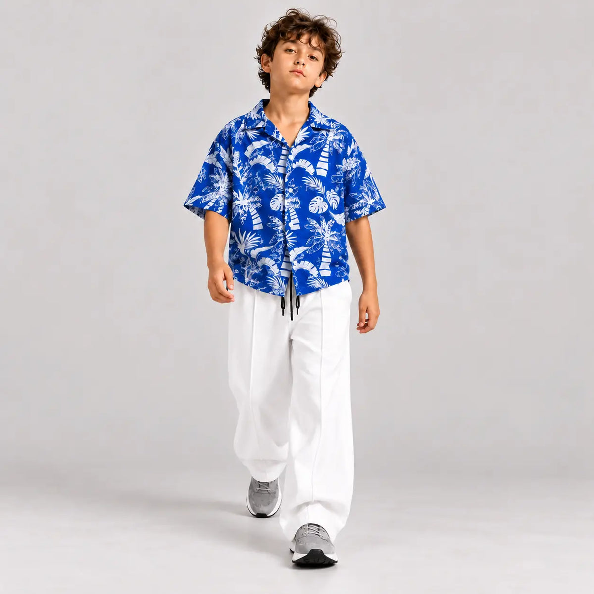 RAAB Boys Blue Tropical Shirt & White Baggy Trouser Set