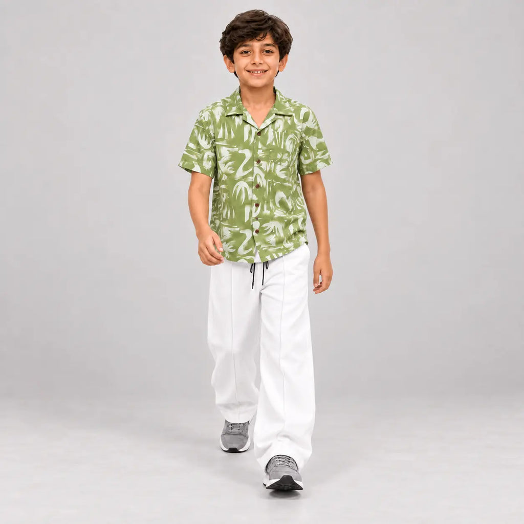 RAAB Boys Green Printed Shirt & White Baggy Trouser Set