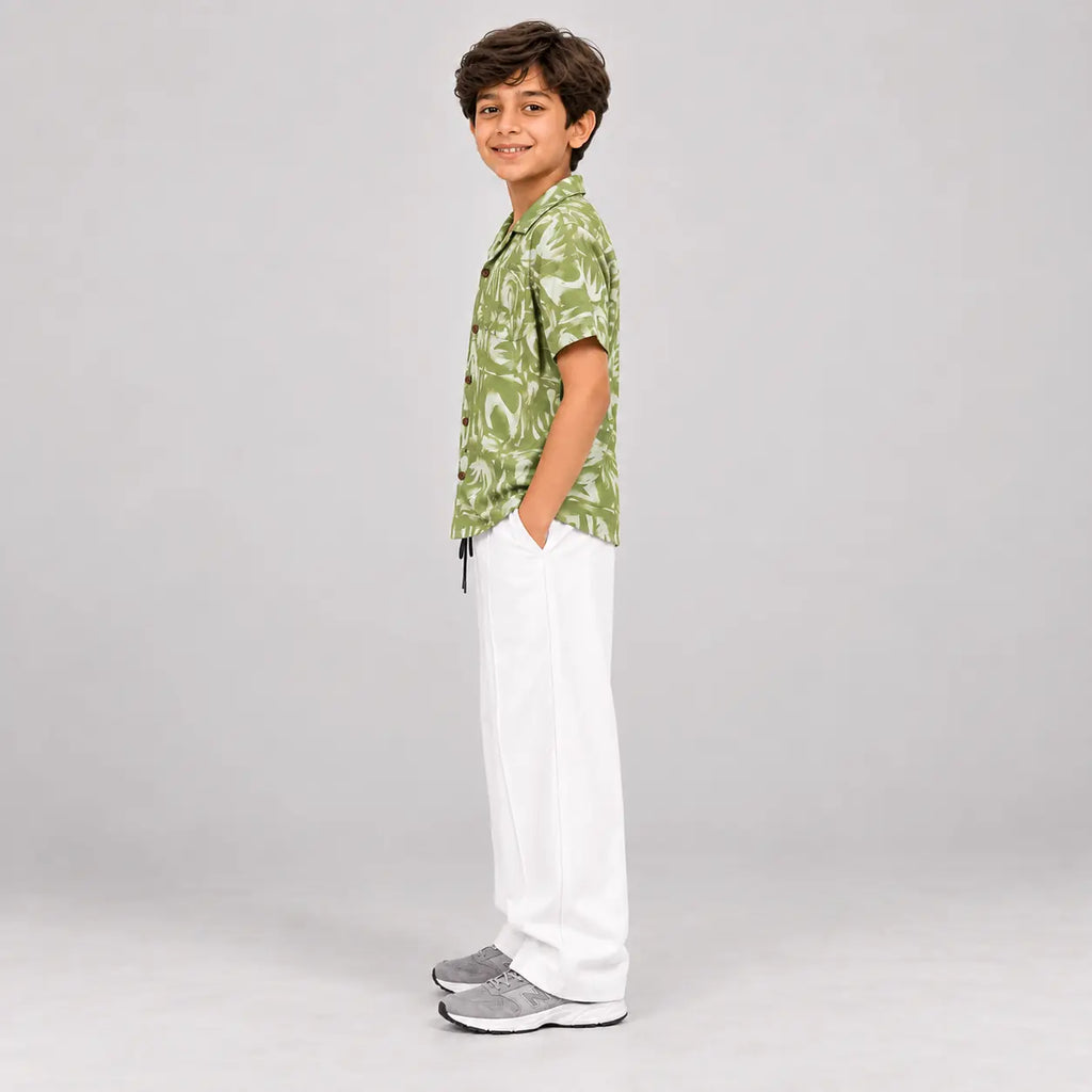 RAAB Boys Green Printed Shirt & White Baggy Trouser Set