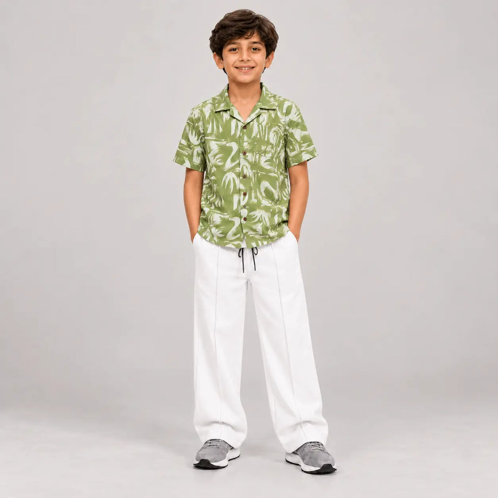 RAAB Boys Green Printed Shirt & White Baggy Trouser Set