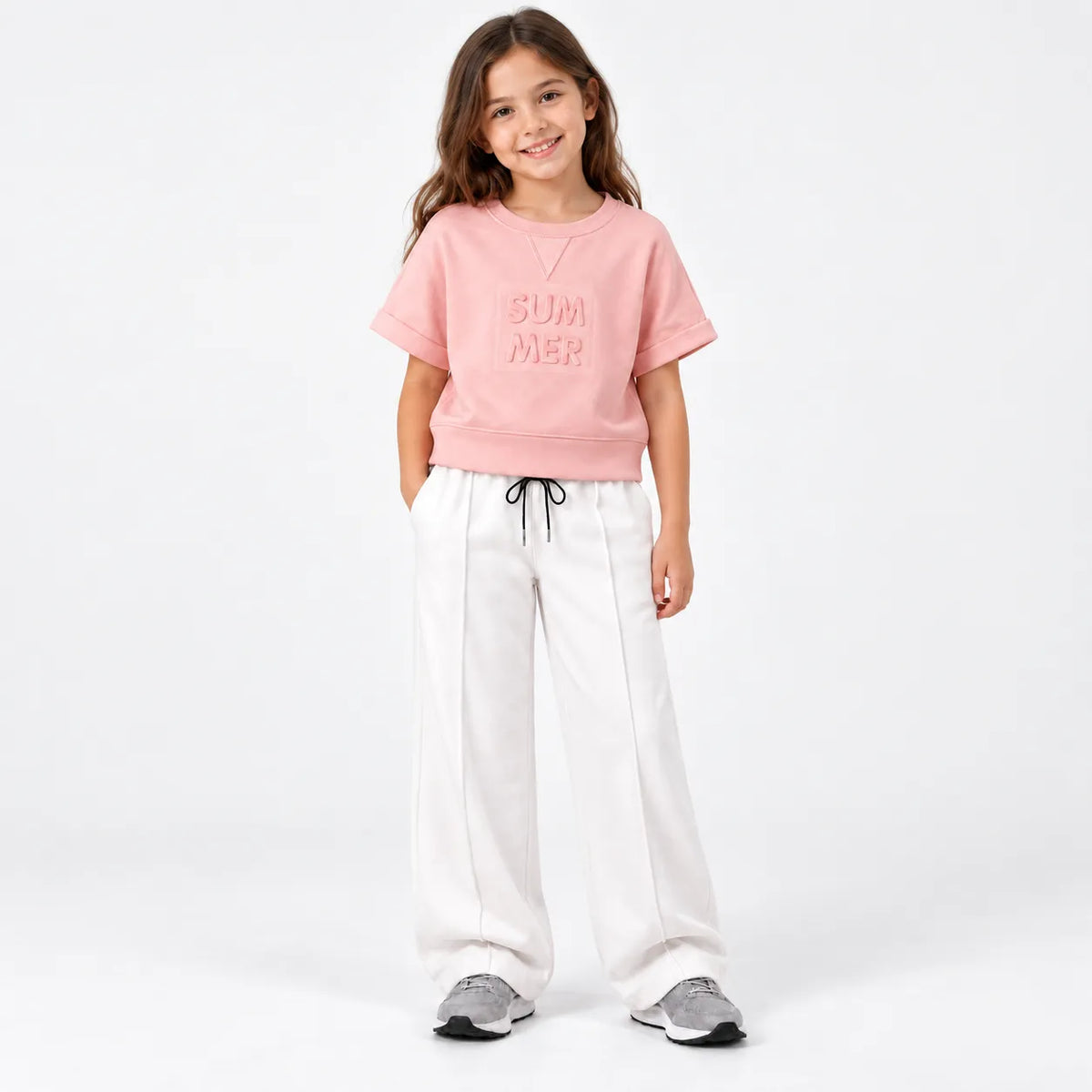 Kids Co-Ord Set – Drop Shoulder T-Shirt & White Baggy Trousers | 3–8 Years