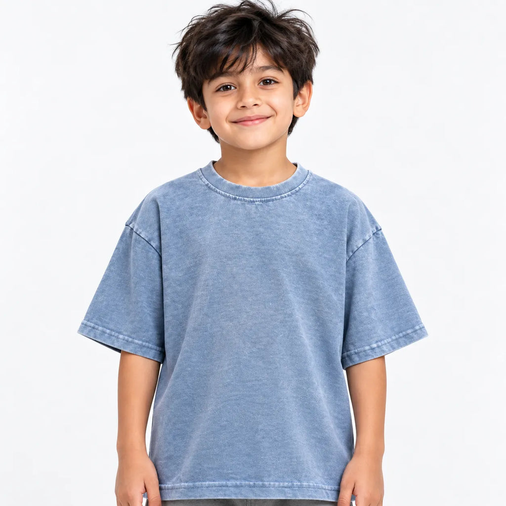 Kids Blue Acid Wash Drop Shoulder Boxy T-Shirt