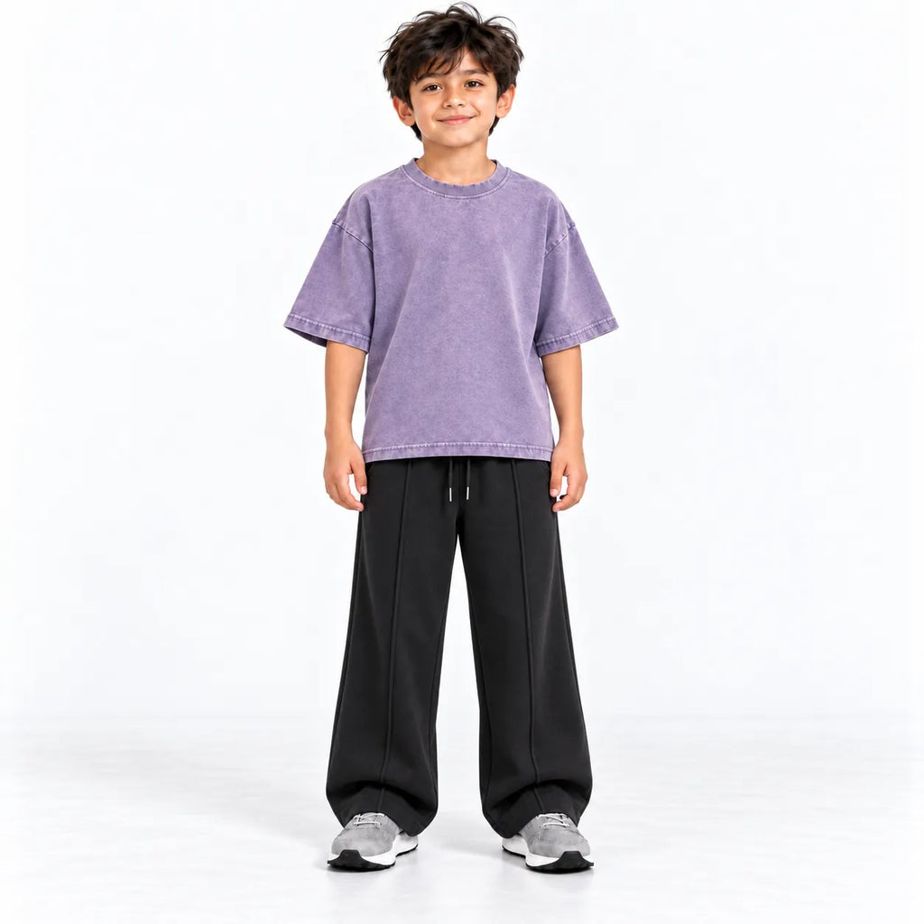 Kids Purple Acid Wash Boxy T-Shirt & Black Baggy Trouser Set