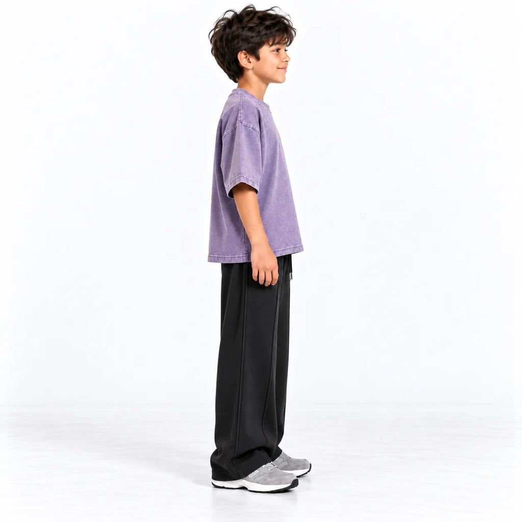 Kids Purple Acid Wash Boxy T-Shirt & Black Baggy Trouser Set