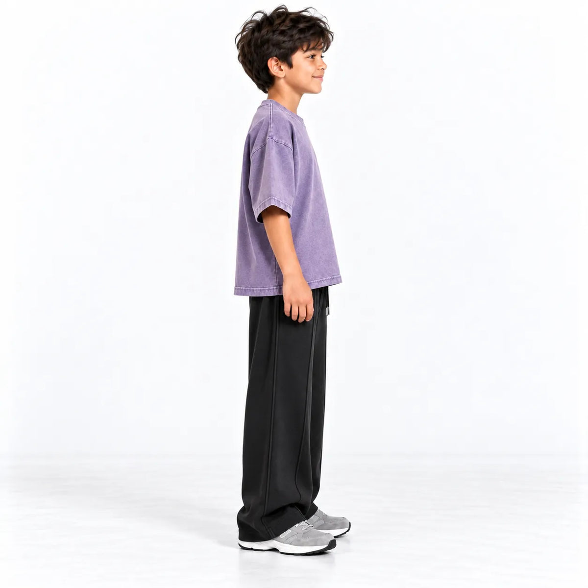 Kids Purple Acid Wash Boxy T-Shirt & Black Baggy Trouser Set