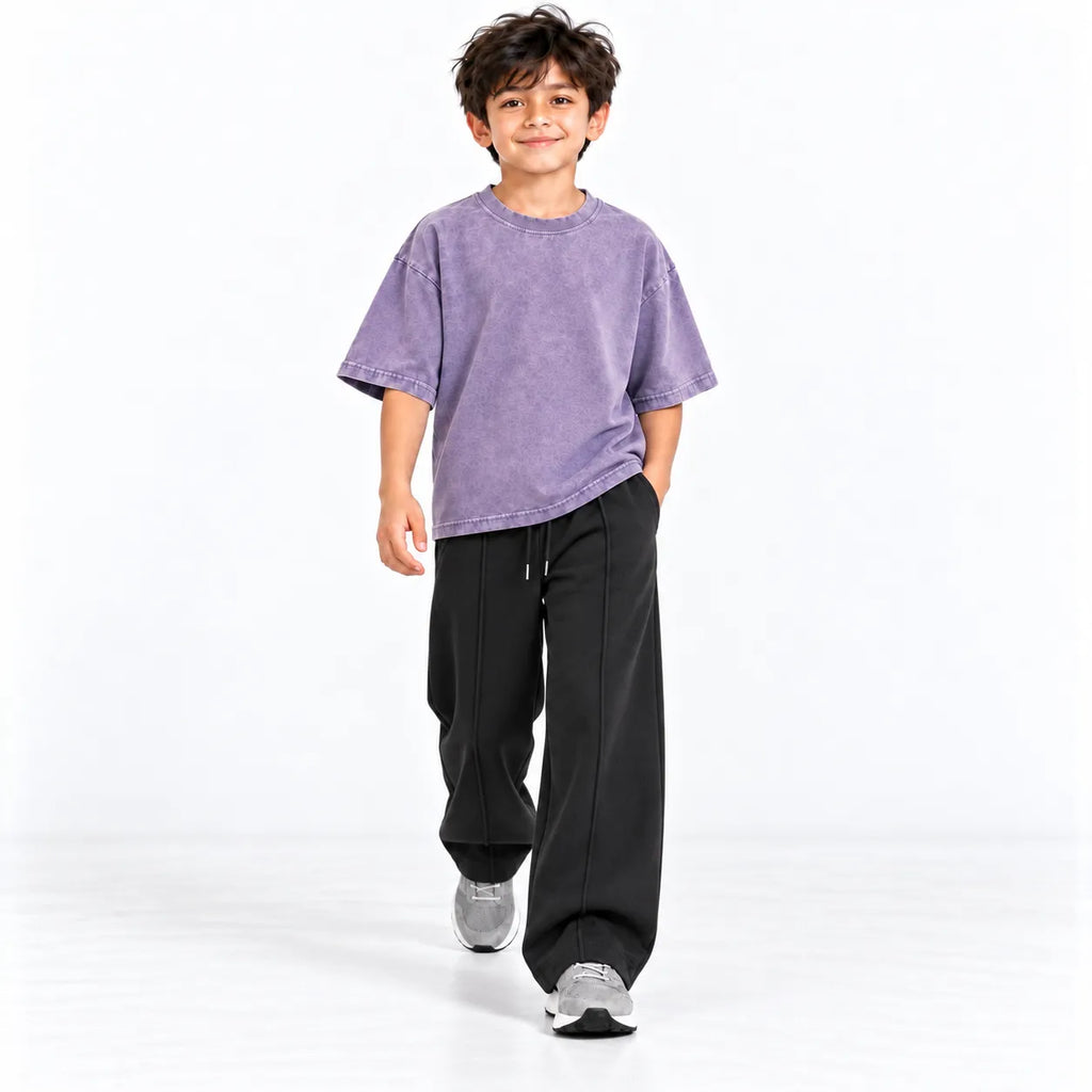 Kids Purple Acid Wash Boxy T-Shirt & Black Baggy Trouser Set