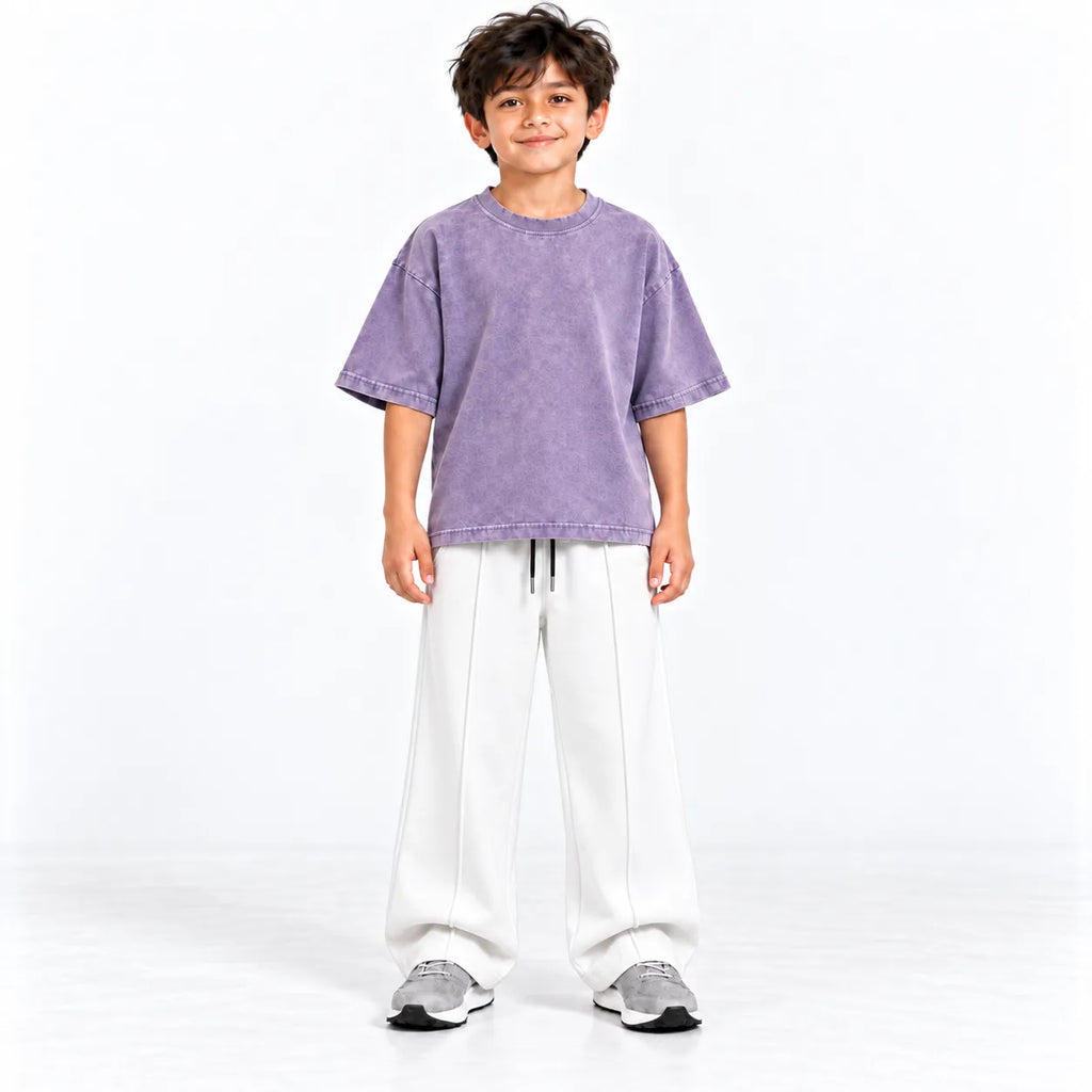 Kids Purple Acid Wash Boxy T-Shirt & White Baggy Trouser Set