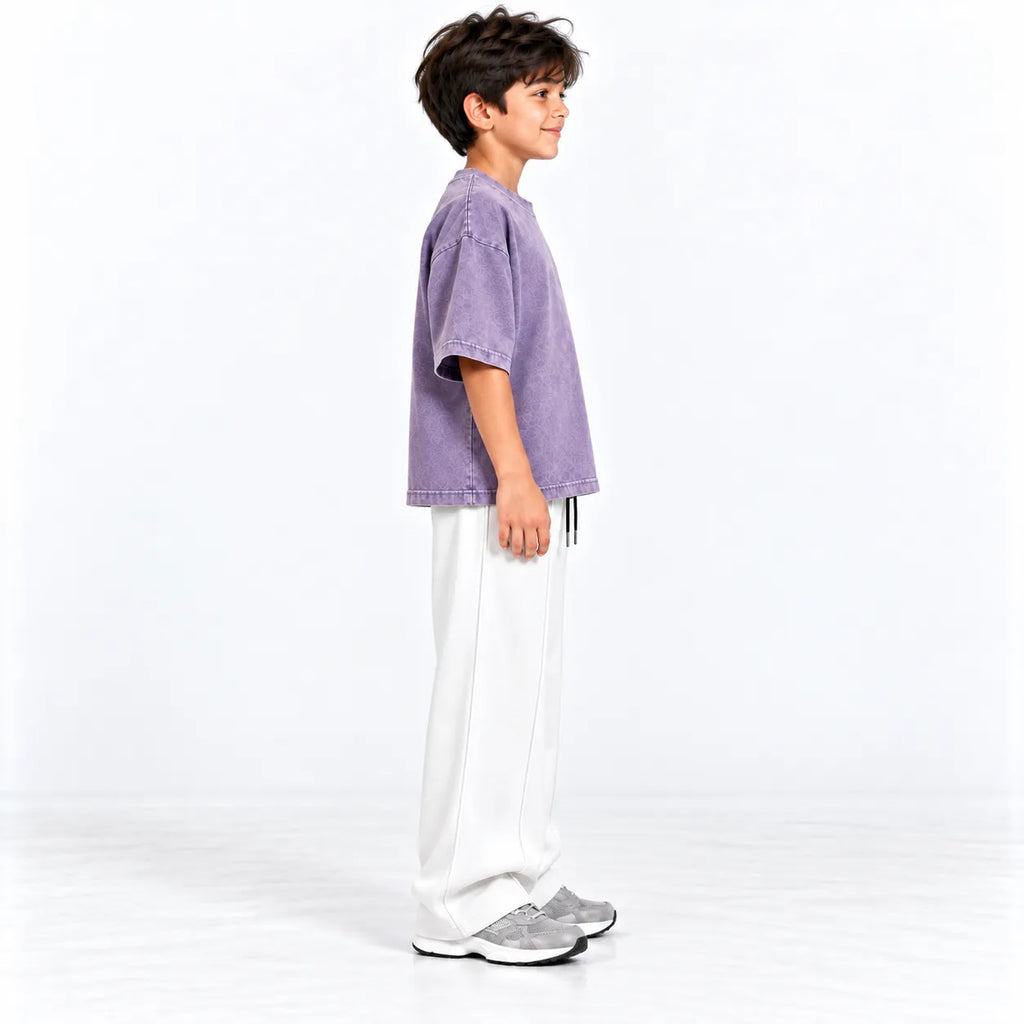 Kids Purple Acid Wash Boxy T-Shirt & White Baggy Trouser Set