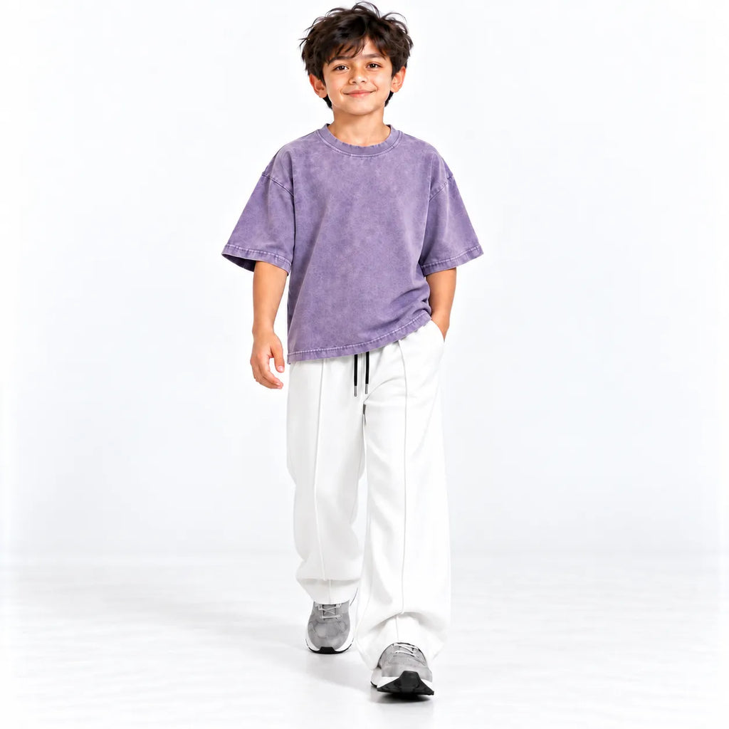 Kids Purple Acid Wash Boxy T-Shirt & White Baggy Trouser Set