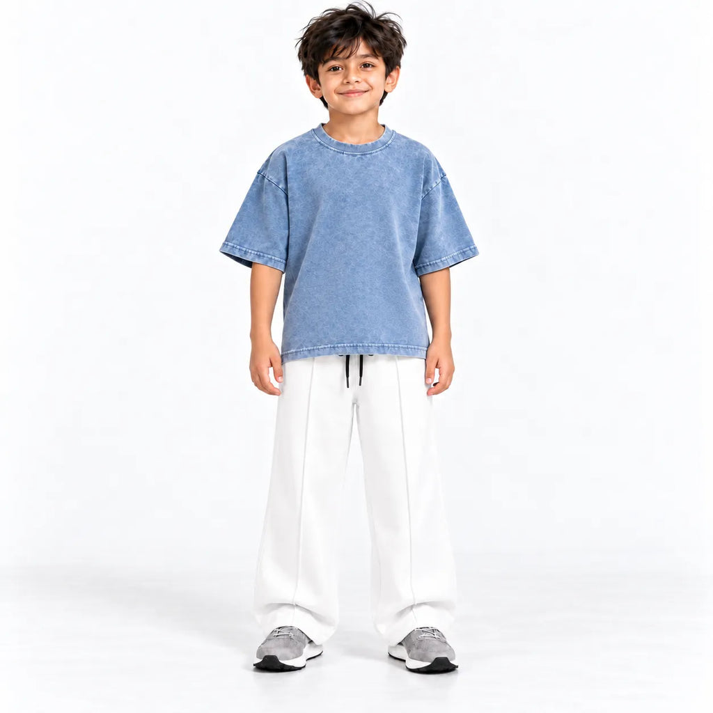 Kids Blue Acid Wash Boxy T-Shirt & White Baggy Trouser Set