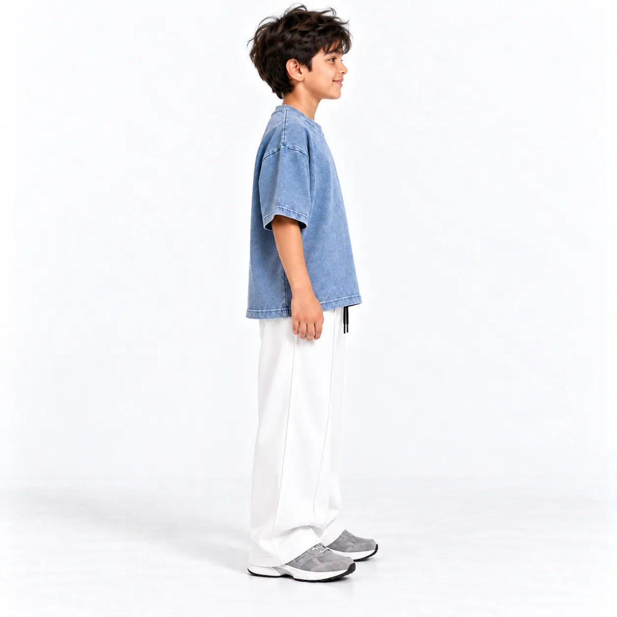 Kids Blue Acid Wash Boxy T-Shirt & White Baggy Trouser Set