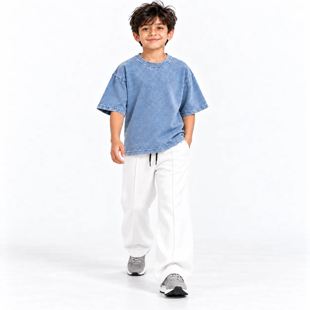 Kids Blue Acid Wash Boxy T-Shirt & White Baggy Trouser Set