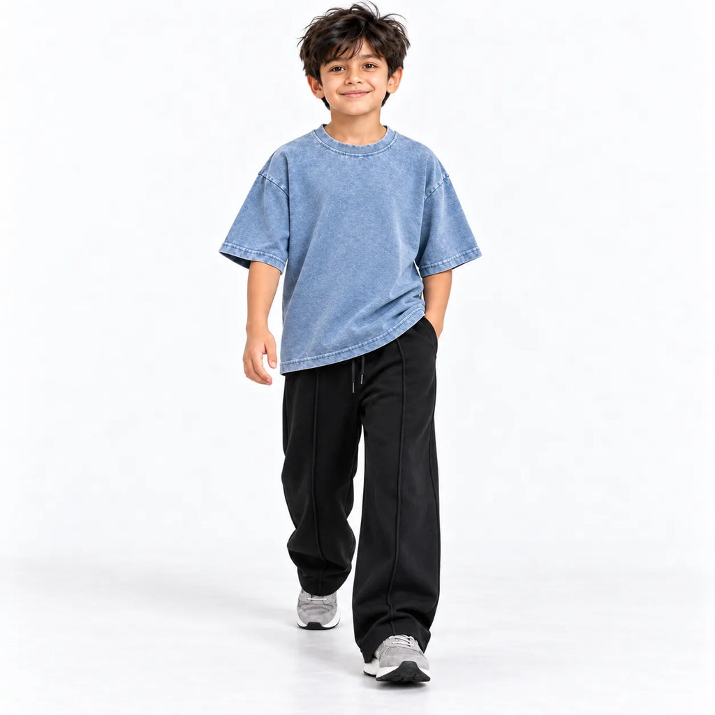 Kids Blue Acid Wash Boxy T-Shirt & Black Baggy Trouser Set