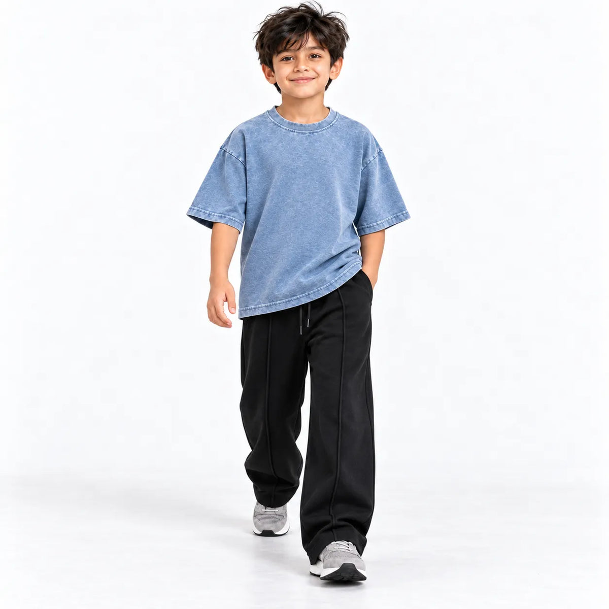 Kids Blue Acid Wash Boxy T-Shirt & Black Baggy Trouser Set