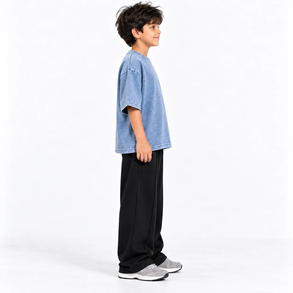 Kids Blue Acid Wash Boxy T-Shirt & Black Baggy Trouser Set