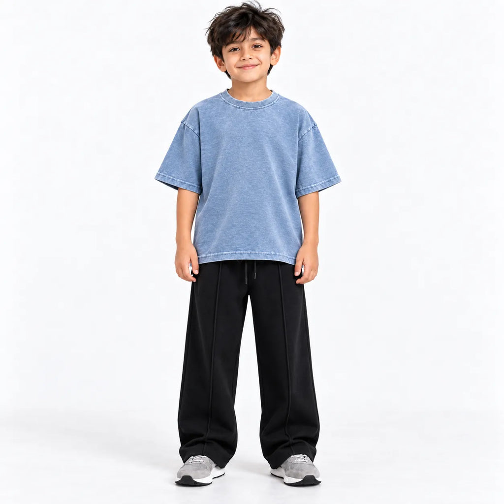 Kids Blue Acid Wash Boxy T-Shirt & Black Baggy Trouser Set