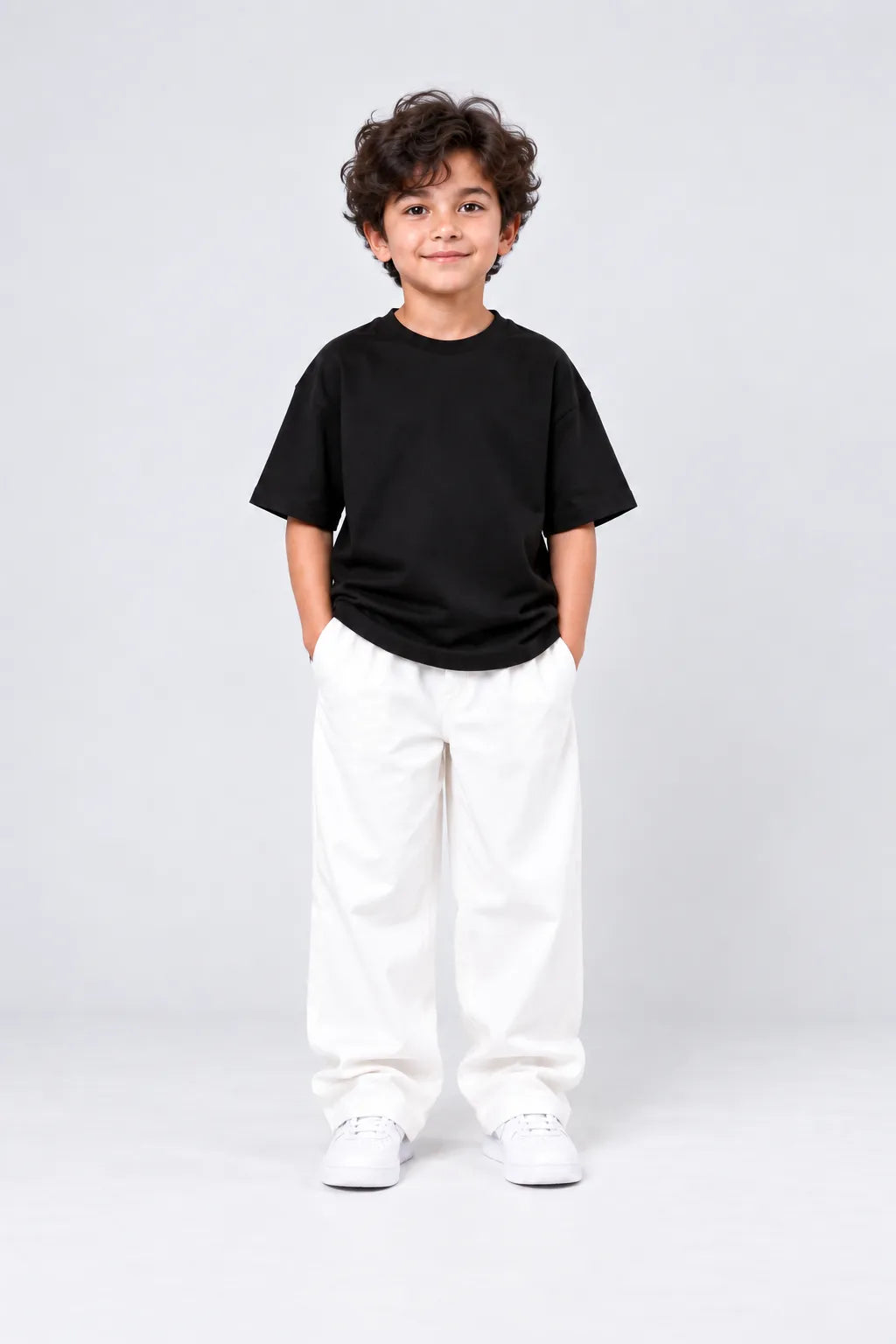 Kids Black Drop Shoulder T-Shirt & White Baggy Trouser Set | Ages 3–8