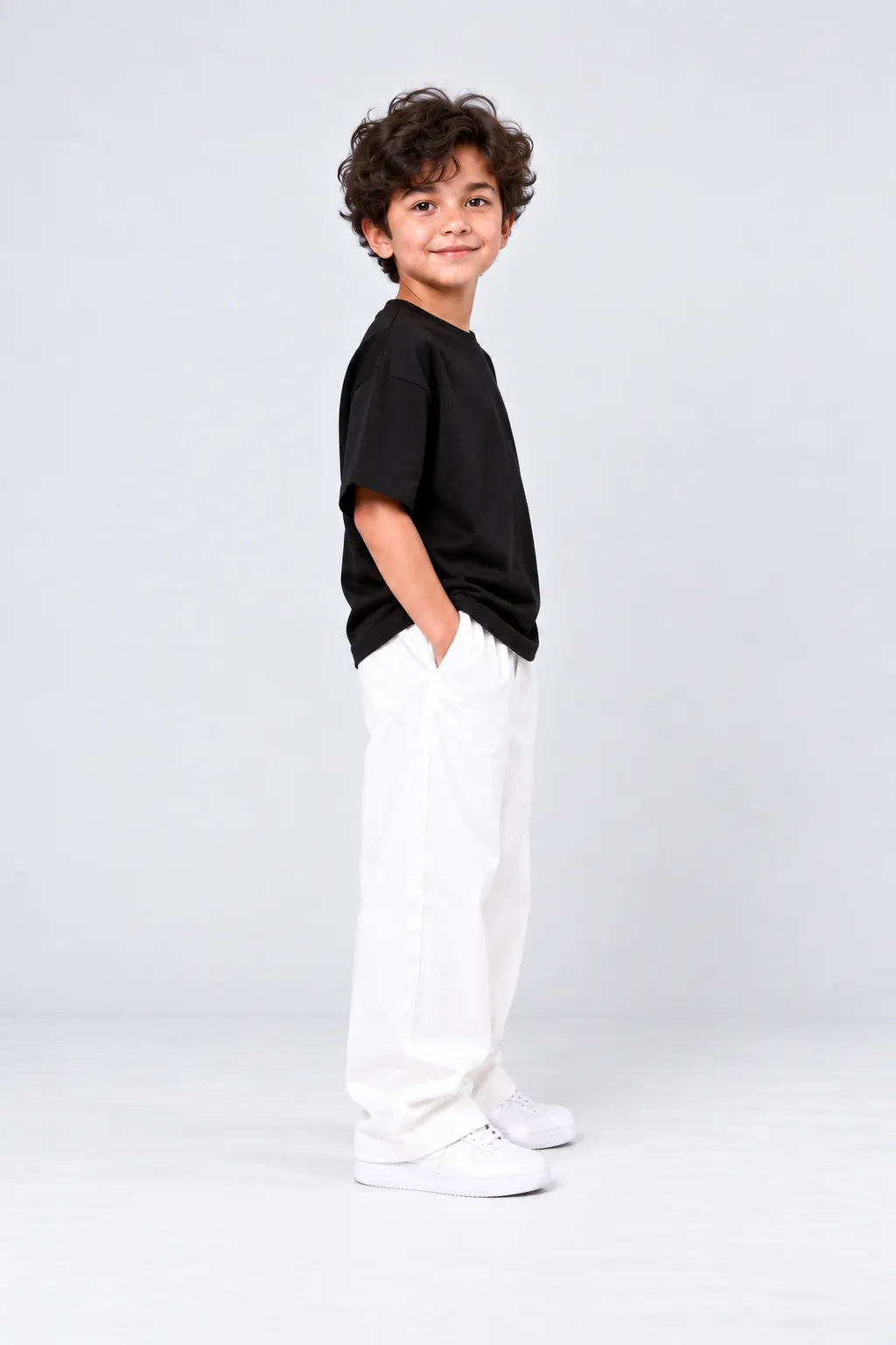 Kids Black Drop Shoulder T-Shirt & White Baggy Trouser Set | Ages 3–8
