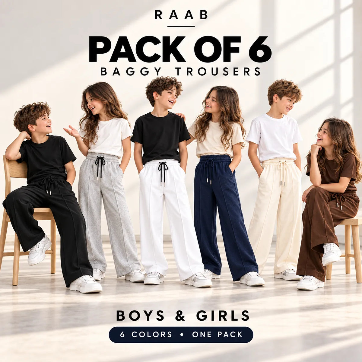 RAAB Pack of 6 Baggy Trousers for Boys & Girls | 6 Colors | Ages 3–19 Years
