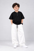Kids Black Zip-Neck Drop Shoulder T-Shirt & White Baggy Trouser Set