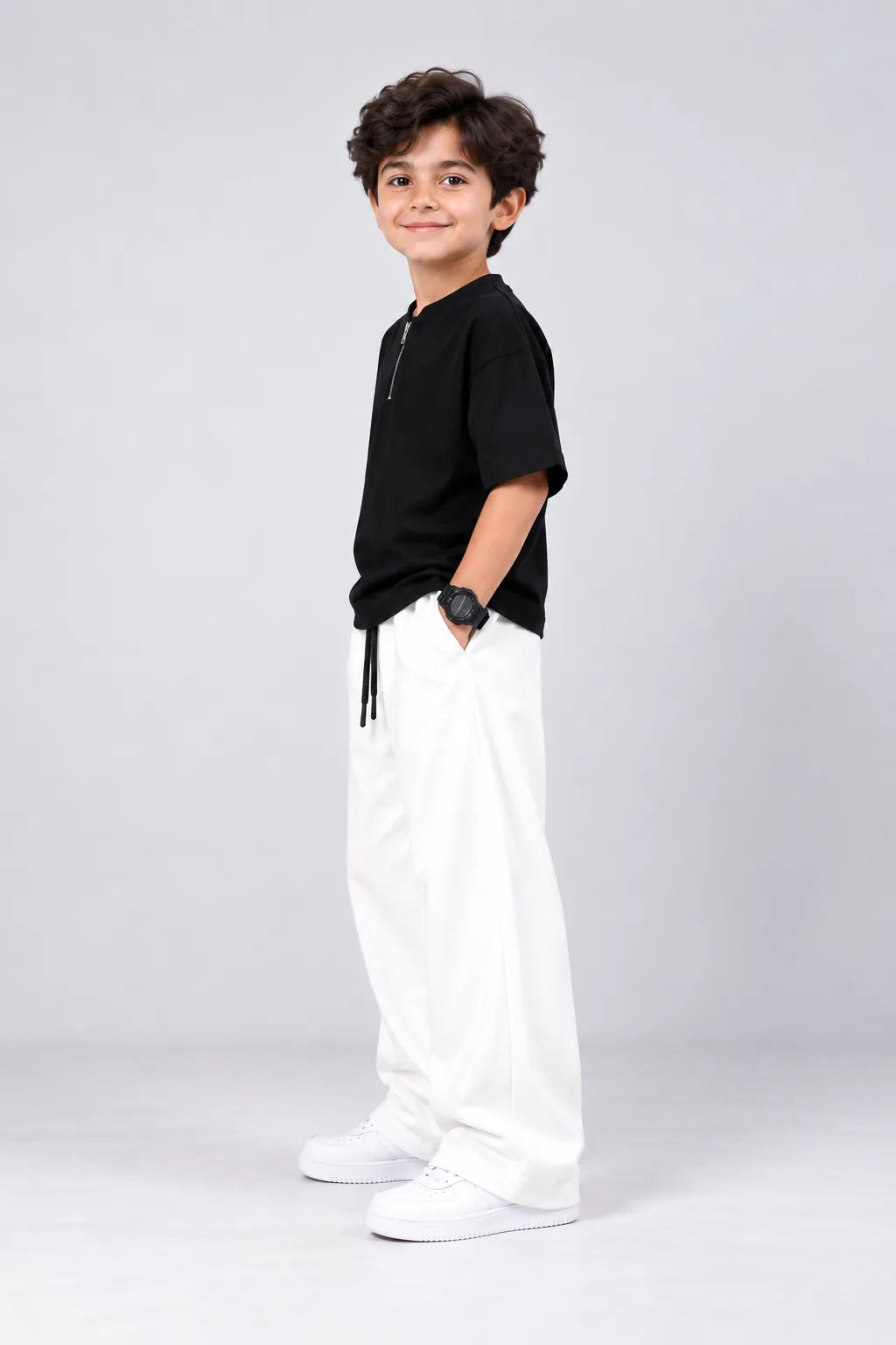 Kids Black Zip-Neck Drop Shoulder T-Shirt & White Baggy Trouser Set