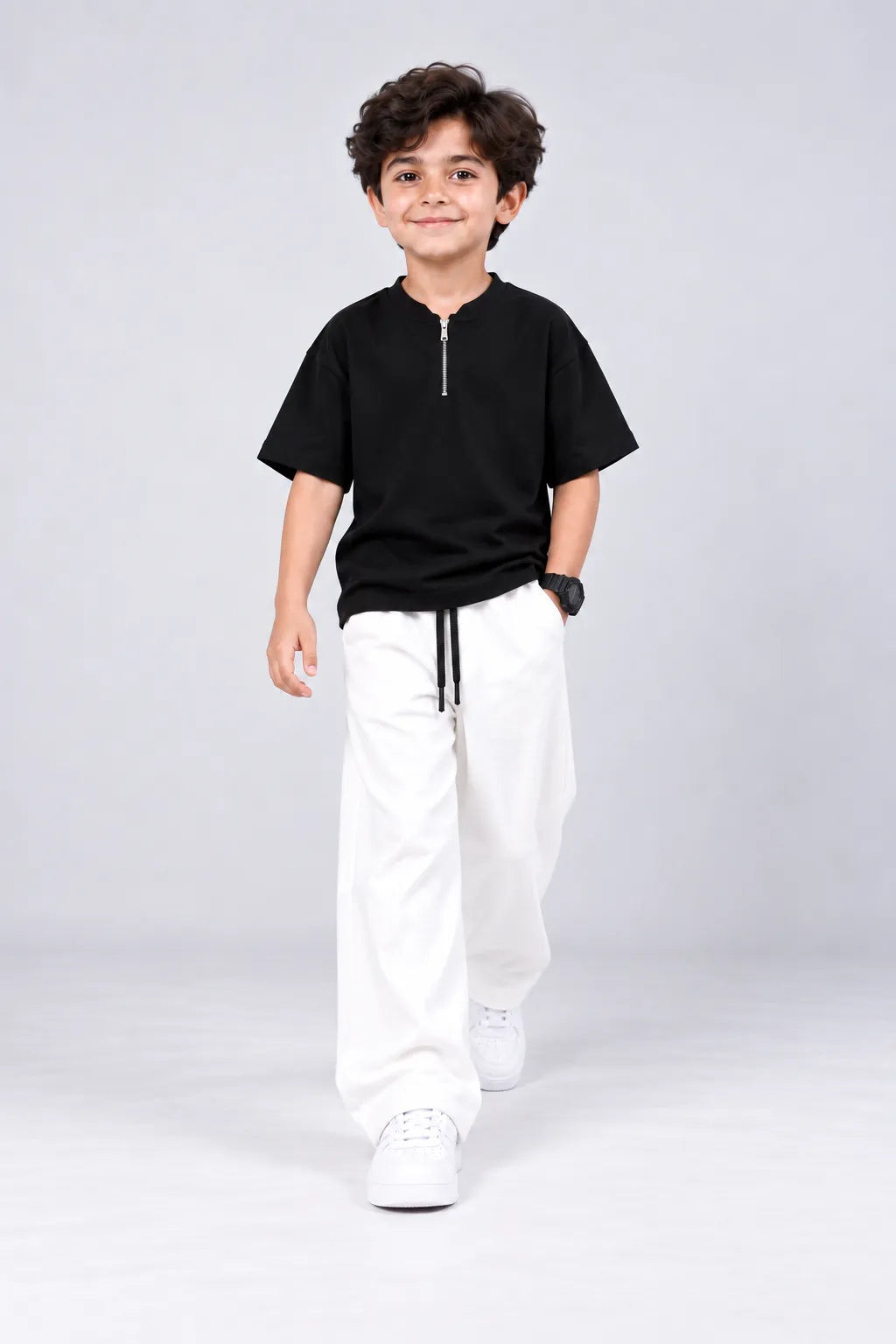 Kids Black Zip-Neck Drop Shoulder T-Shirt & White Baggy Trouser Set