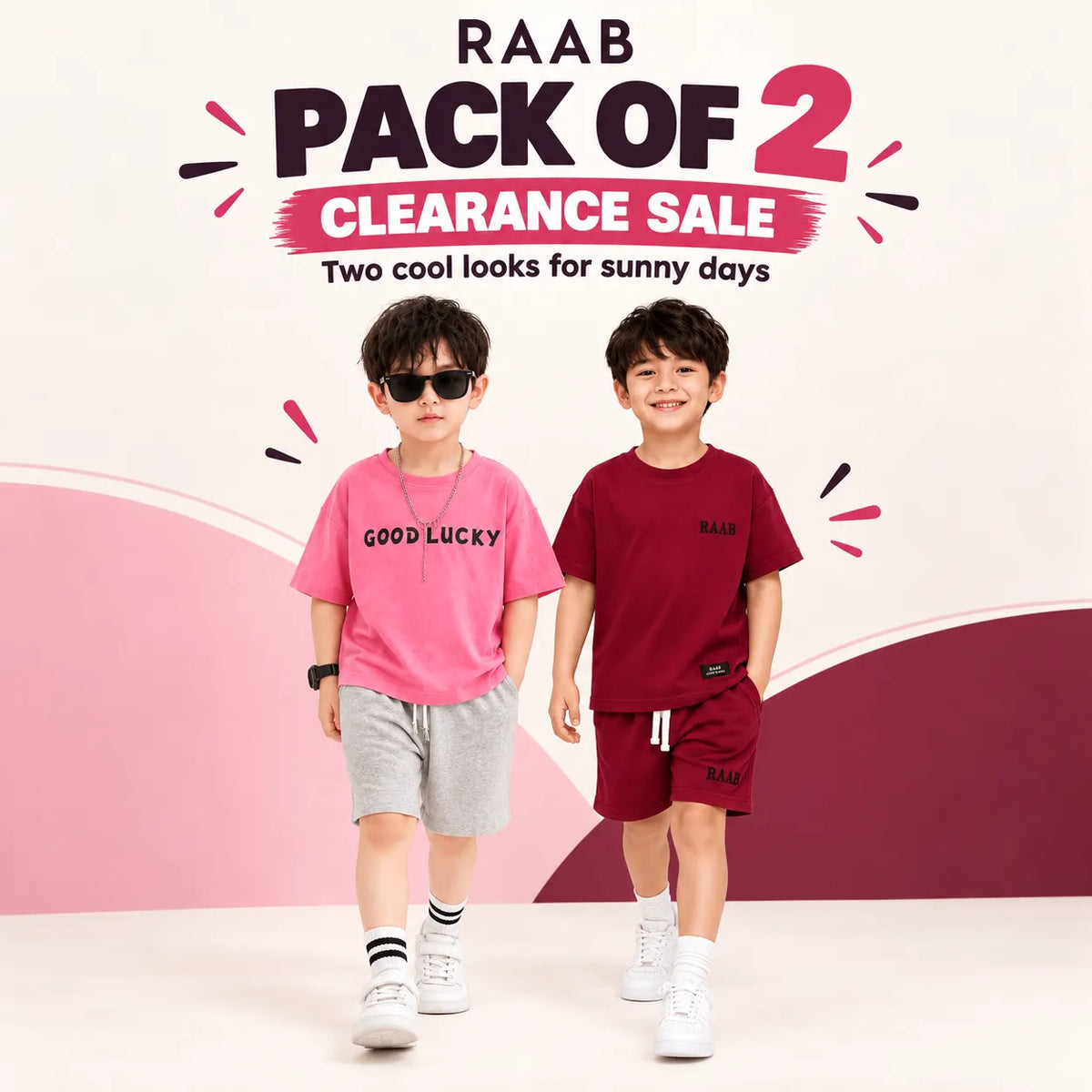 RAAB Boys’ Pack of 2 Summer Co-ord Sets – Pink & Maroon (1–8 Years)