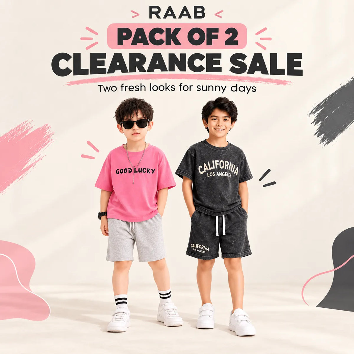 RAAB Boys’ Pack of 2 Summer Co-ord Sets – Pink & Black (1–8 Years)