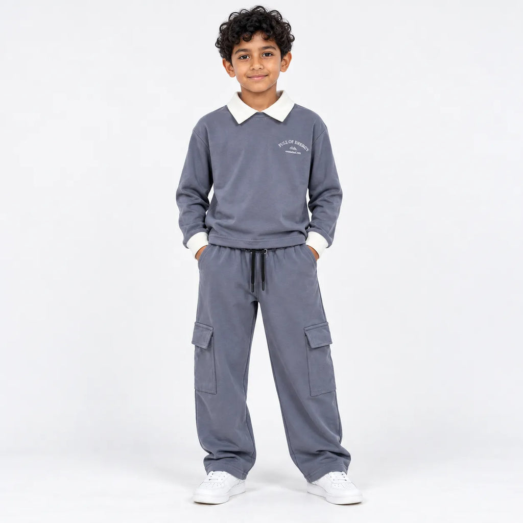 Urban Ease Kids Drop Shoulder T-Shirt & Baggy Cargo Trouser Co-Ord Set – Slate Grey