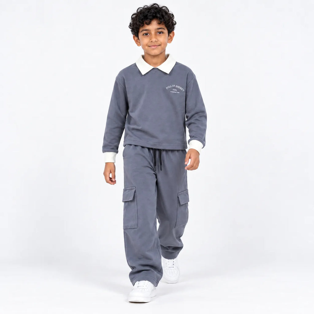 Urban Ease Kids Drop Shoulder T-Shirt & Baggy Cargo Trouser Co-Ord Set – Slate Grey