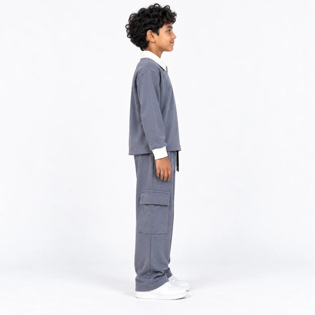 Urban Ease Kids Drop Shoulder T-Shirt & Baggy Cargo Trouser Co-Ord Set – Slate Grey