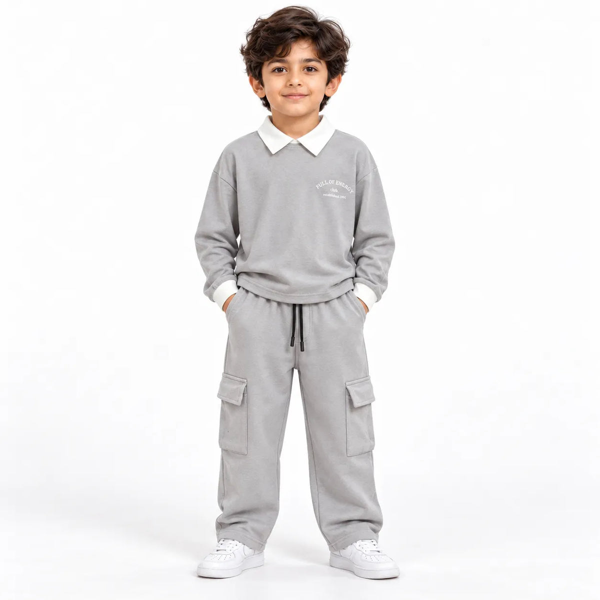 Urban Ease Kids Drop Shoulder T-Shirt & Baggy Cargo Trouser Co-Ord Set – Light Grey