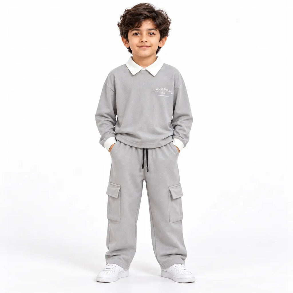 Urban Ease Kids Drop Shoulder T-Shirt & Baggy Cargo Trouser Co-Ord Set – Light Grey