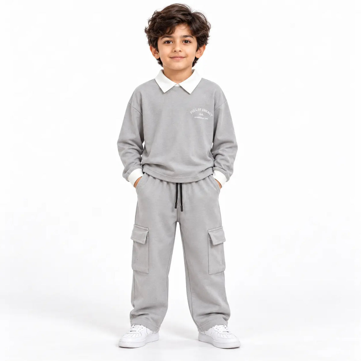 Urban Ease Kids Drop Shoulder T-Shirt & Baggy Cargo Trouser Co-Ord Set – Light Grey