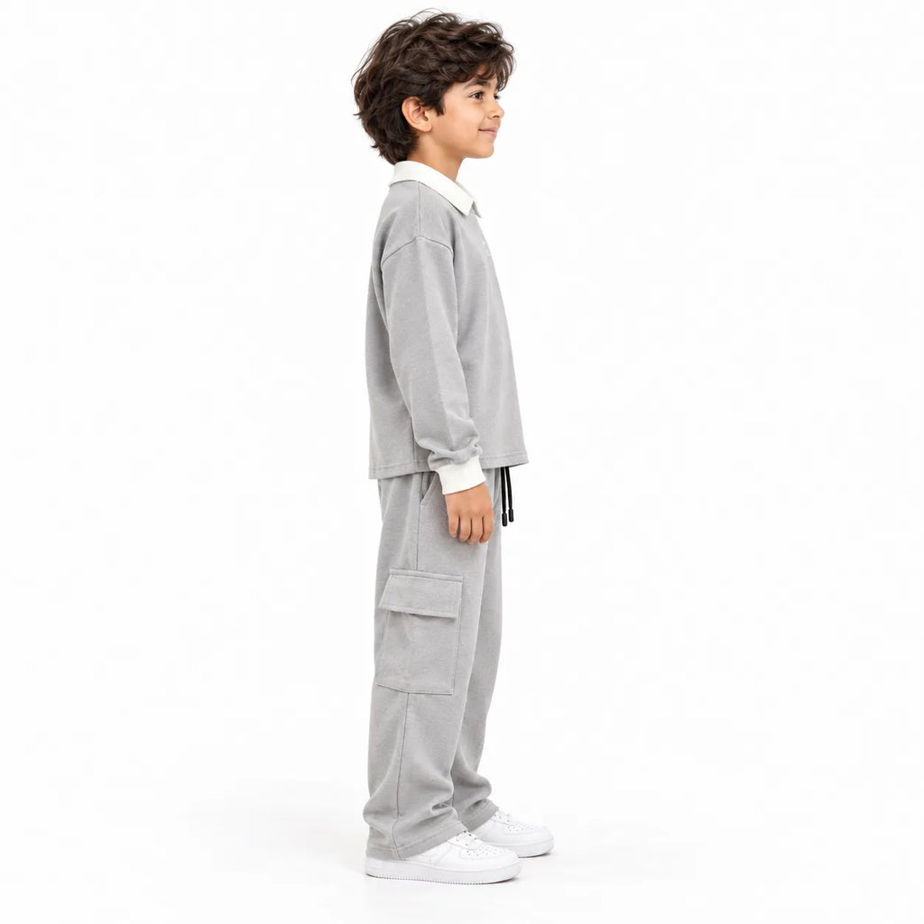 Urban Ease Kids Drop Shoulder T-Shirt & Baggy Cargo Trouser Co-Ord Set – Light Grey